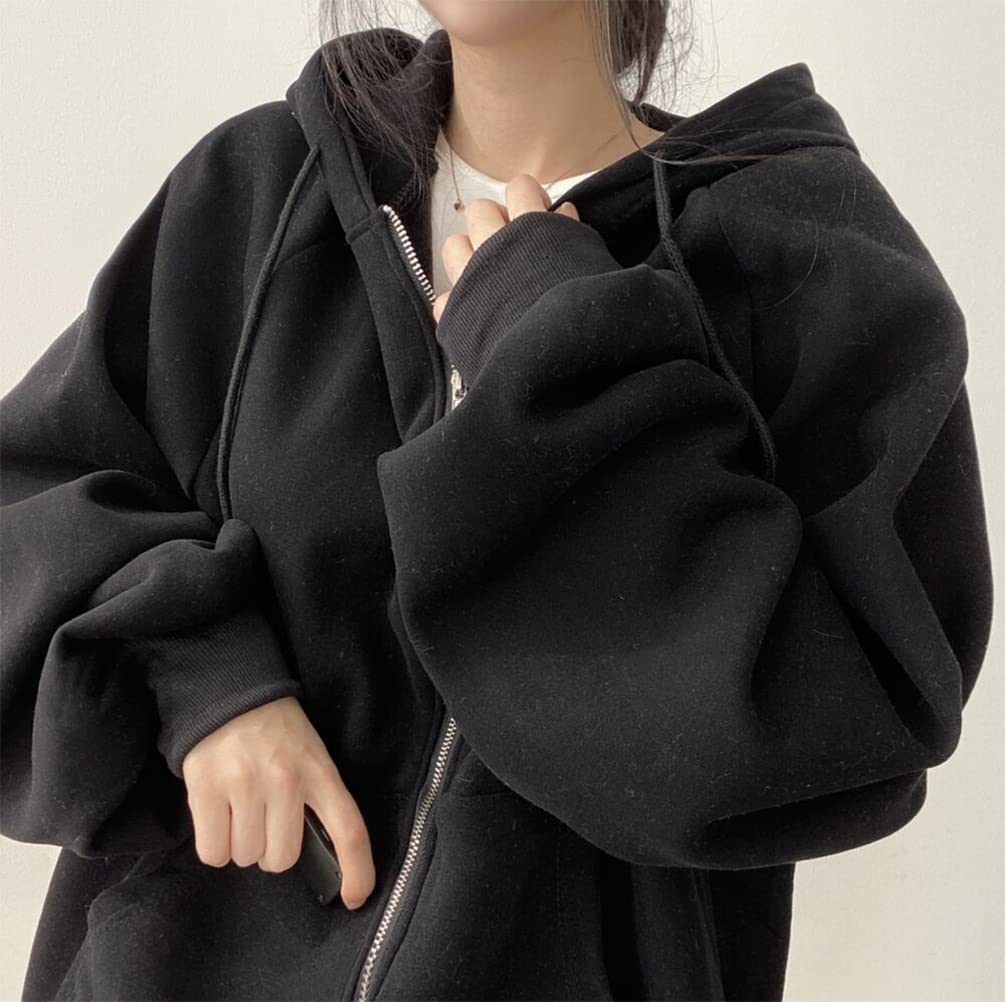 Hoodie with Fleece Loose Harajuku Long Sleeve Top for Fall and Winter QYY-1 Women's Zip-Up Lining, Thick, Warm, Stylish, Casual, Fit, Oversized,