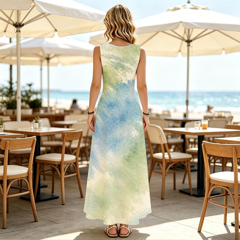 Nature Tone Watercolor Blur Print Round Neck Sleeveless Long Dress, Vacation Beach Flowy Maxi Dress