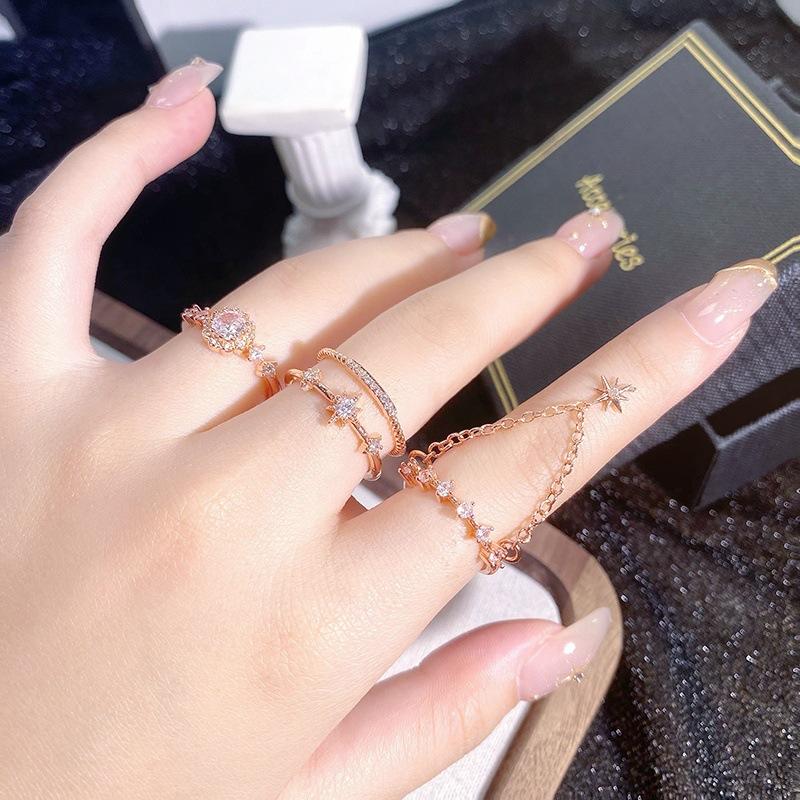 Vintage Rose Gold Full Of Diamonds Zircon Super Fairy Open Ring Creative Fashion Ring Geometric Gold Suit Women