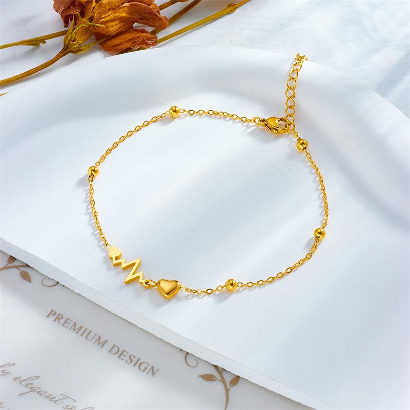 Gold Plated Heartbeat Heart Anklet Dainty Love Pendant Foot Chain Jewelry for Women