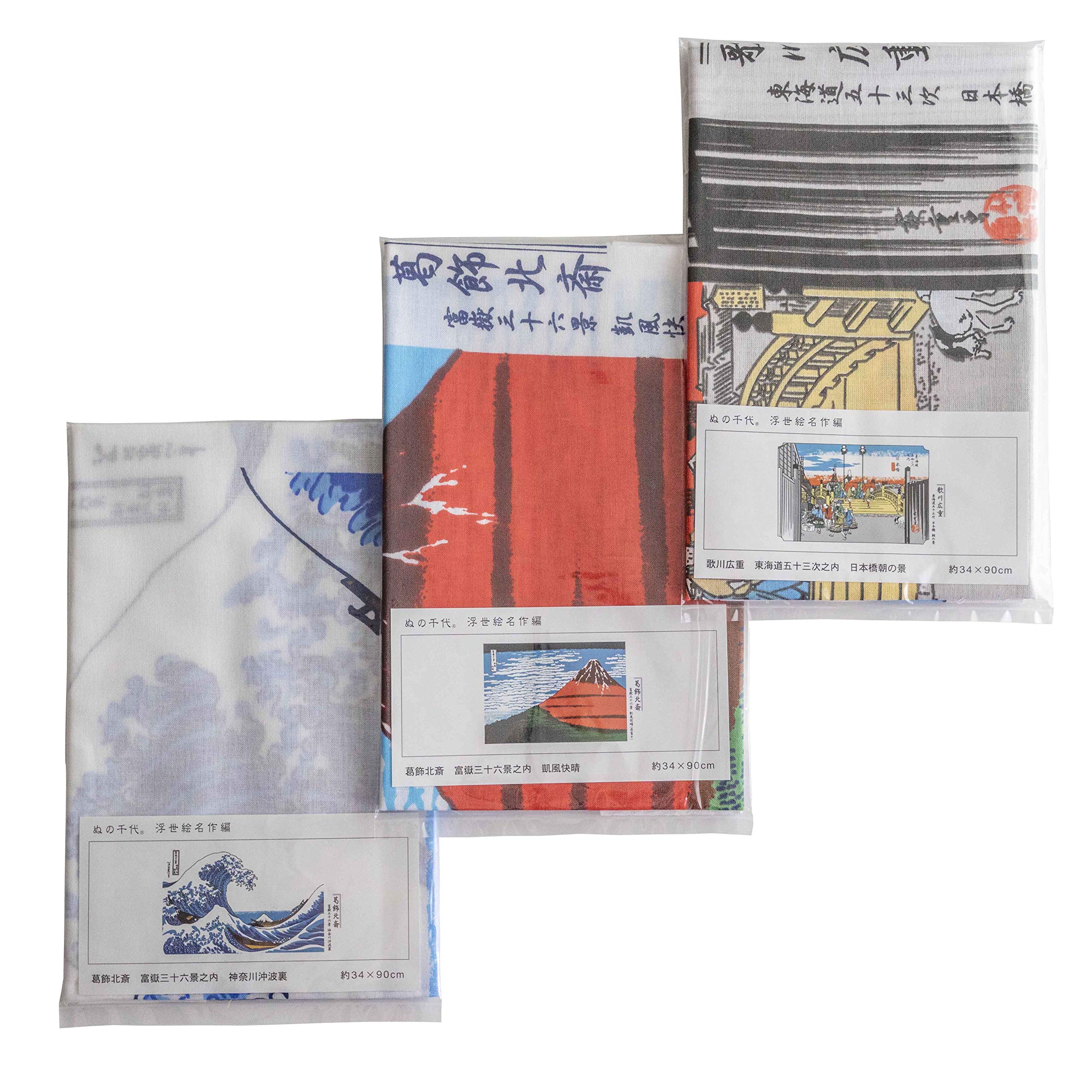 

Tenugui Hand 34 x Set of 3 Masterpiece Japanese-made Towels, 100% Cotton, Approx. 90cm, (Ukiyo-e Series)