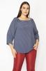 Women's Style Plus Size Tunic Large Size Navy Blue Striped Tunic With Elastic Collar And Gathering Detail On The Sleeves