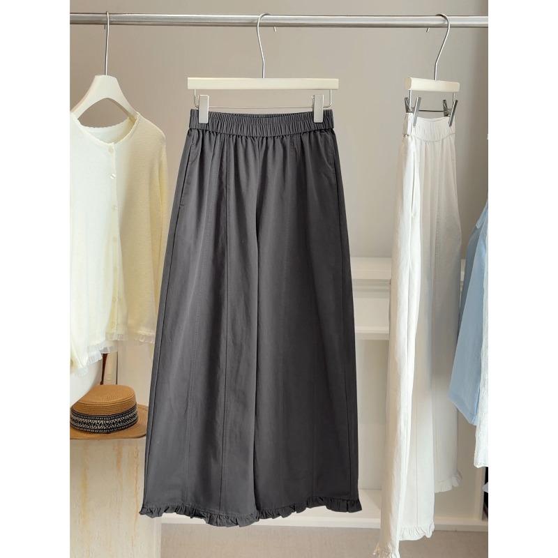 

Small fungus edge hem bud wide leg pants women s spring and summer new elastic waist washing water cotton loose nine-point pants M сірий колір