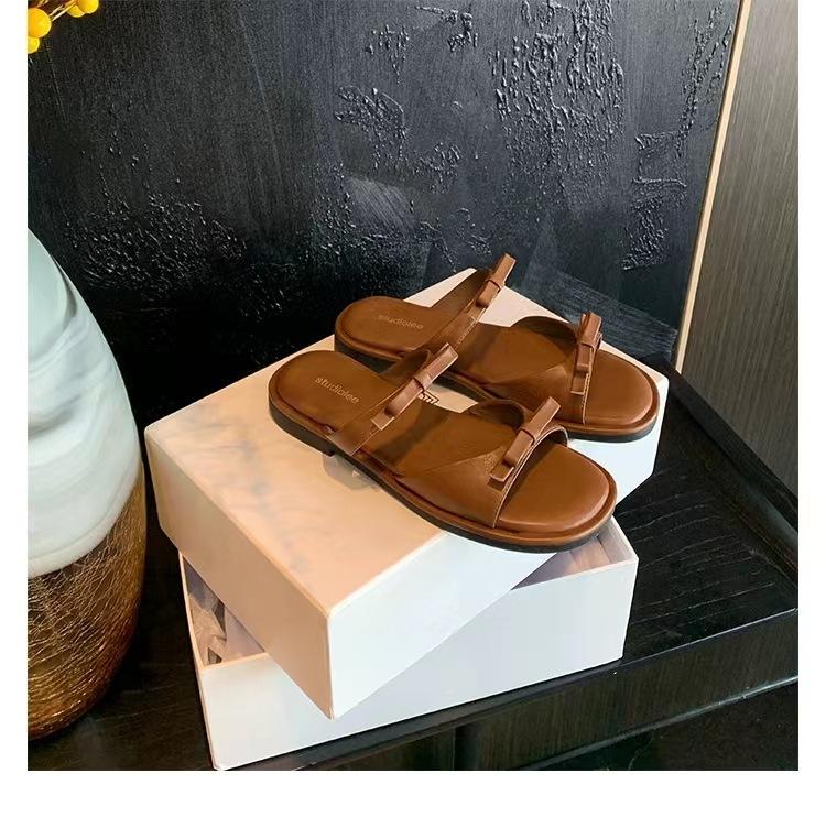 Fashion Summer Women Elegant Bow Square Toe Open Toe Low Heel Sandals Slip on Soft-soled Casual Simple Beach Slippers Sandalias Mujer