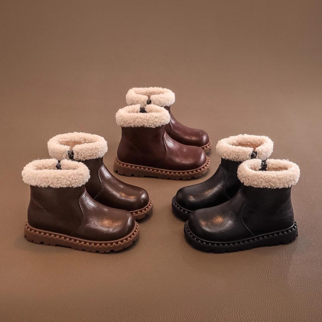 Girls' Winter Plus Velvet Cotton Shoes Baby Warm Snow Boots Fashionable Small Leather Boots