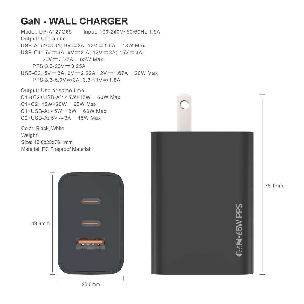 For Laptop Charger , 65W GaN 3 Port USB C Power Adapter With Type C Charging Block For IPhone16/15/14/13, MacBook, IPad, Galaxy