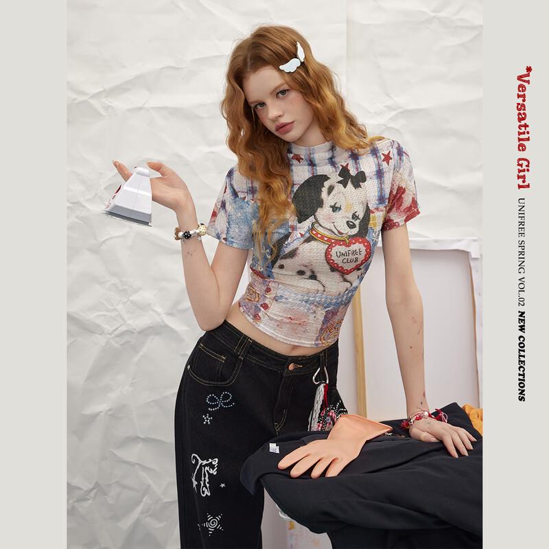 UNIFREE Playful Dog Print Slim Fit Crop T-Shirt L