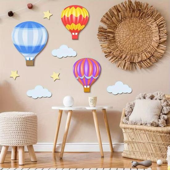 9 stk. Varmluftsballon Dekoration Boho Børneværelse Vægkunst Træ Varmluftsballon Stjerner Skyer Baby Shower Væghængende Skilt til Soveværelse Klasseværelse