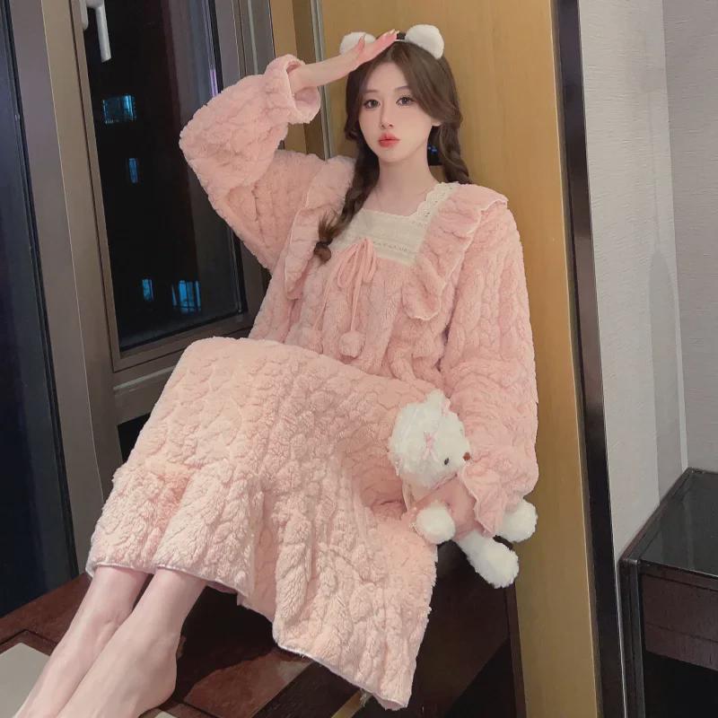 Cămașă de noapte din flanel pentru femei, mărime mare - cu mâneci lungi, drăguță, croială lejeră pentru toamnă/iarnă (Până la 200 lbs).