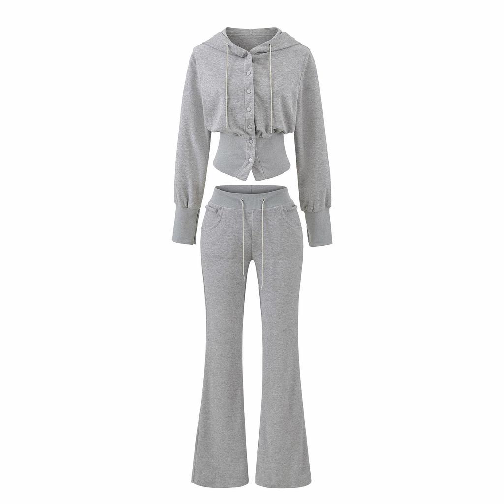 2026 Women's Chic Waist-Cinching Diamond Hooded Cardigan & Micro-Flare Pants Set