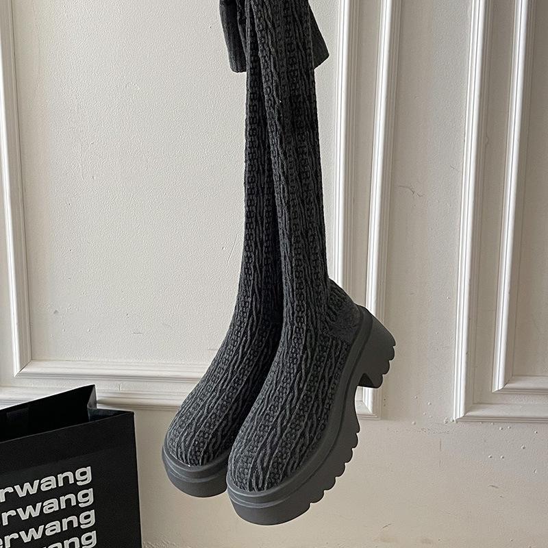 Autumn and winter knee high heel knitted sleeve boots women's socks fashion boots new high elasticity thin thick heel versatile
