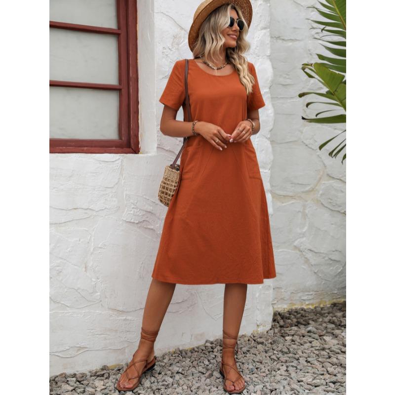 Fashion Loose Round Neck Short Sleeve Dress Pockets Solid Color Casual A-line Summer Dress Party Sweet Casual Simple Clothing