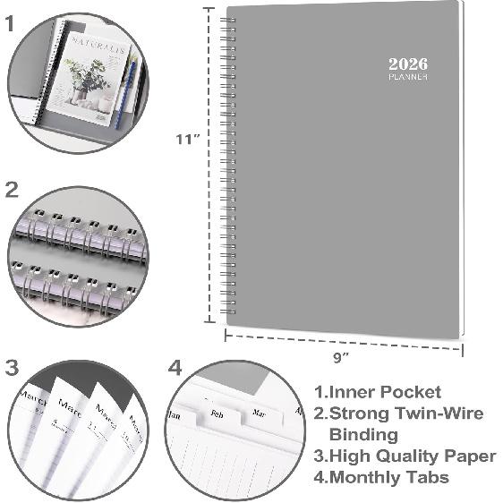 2026 Planner - Weekly and Monthly Planner 2026, 9” × 11”, from JAN. 2026 to DEC. 2026, Inner Pocket, Premium Paper, Twin-wire Binding, Make Life
