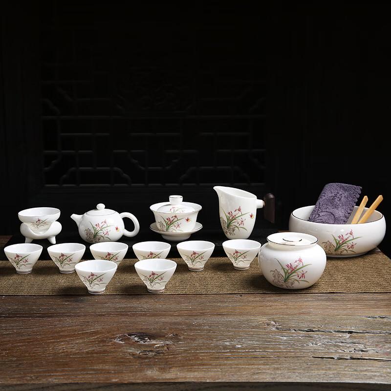 Elegant Orchid Mutton Fat Jade Porcelain Gongfu Tea Set