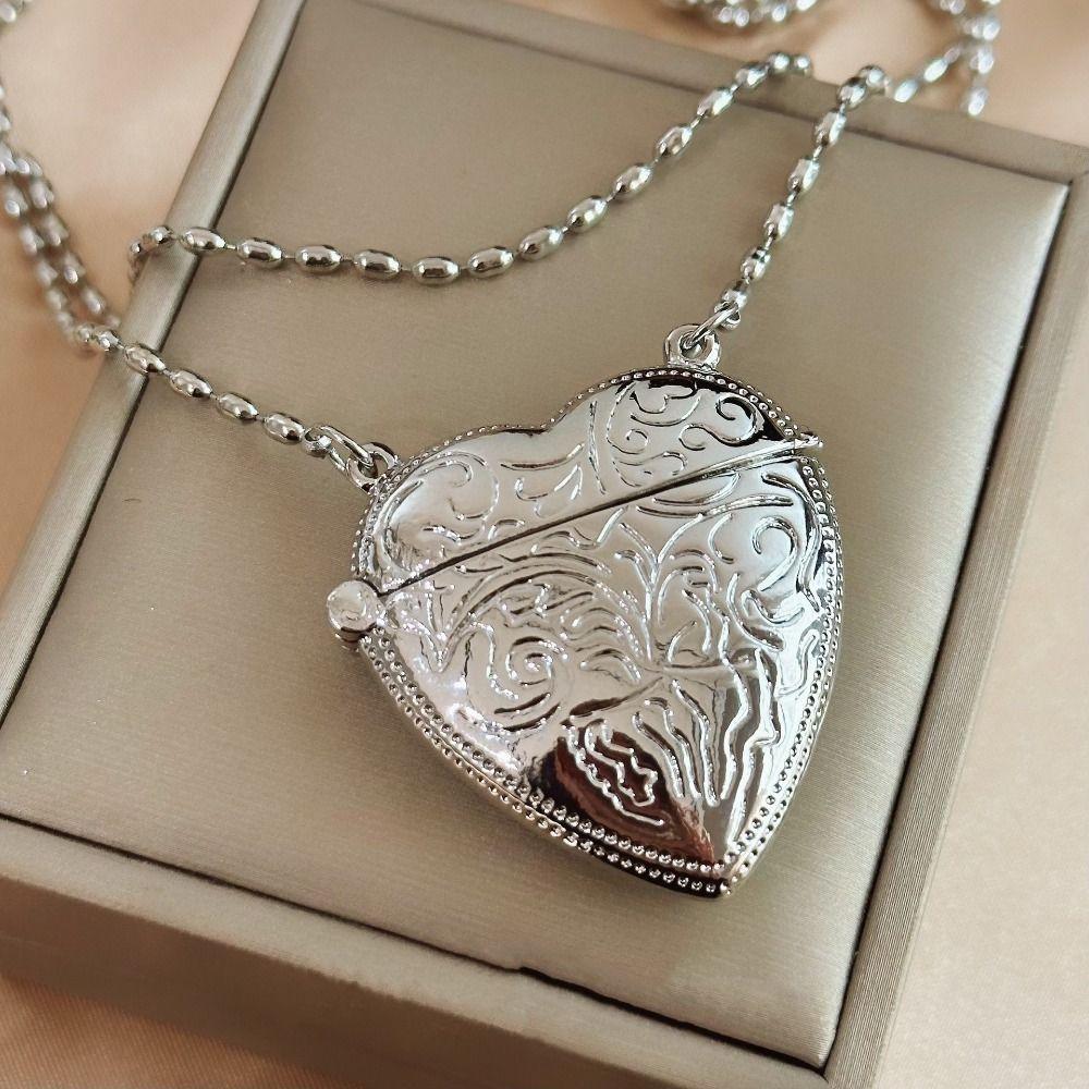 Photo Pendant Heart Locket Necklace Openable Photo Box Pendant Carved Heart Necklace  Sweater Chain