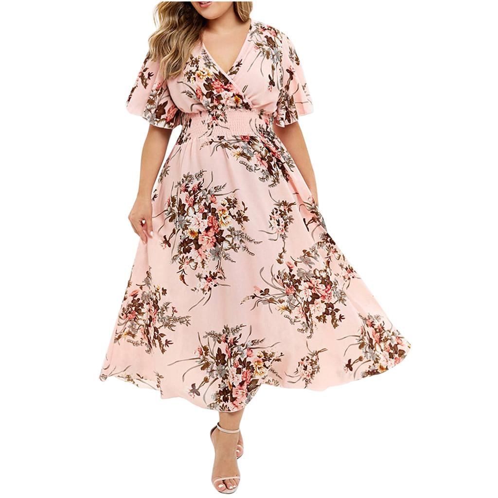 QICED Plus-size Fashion Women's Floral Print V-neck Short-sleeved Casual Dress
