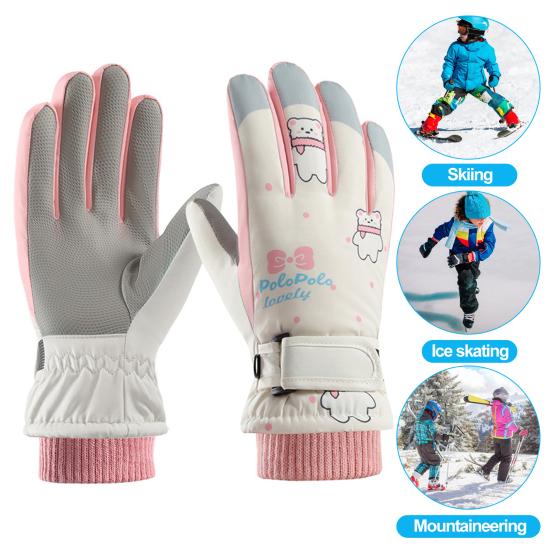 1 Paio Guanti da Sci Invernali con Nastro di Fissaggio Idrorepellenti Antivento Fodera in Pile Termici Touchscreen per Bambini