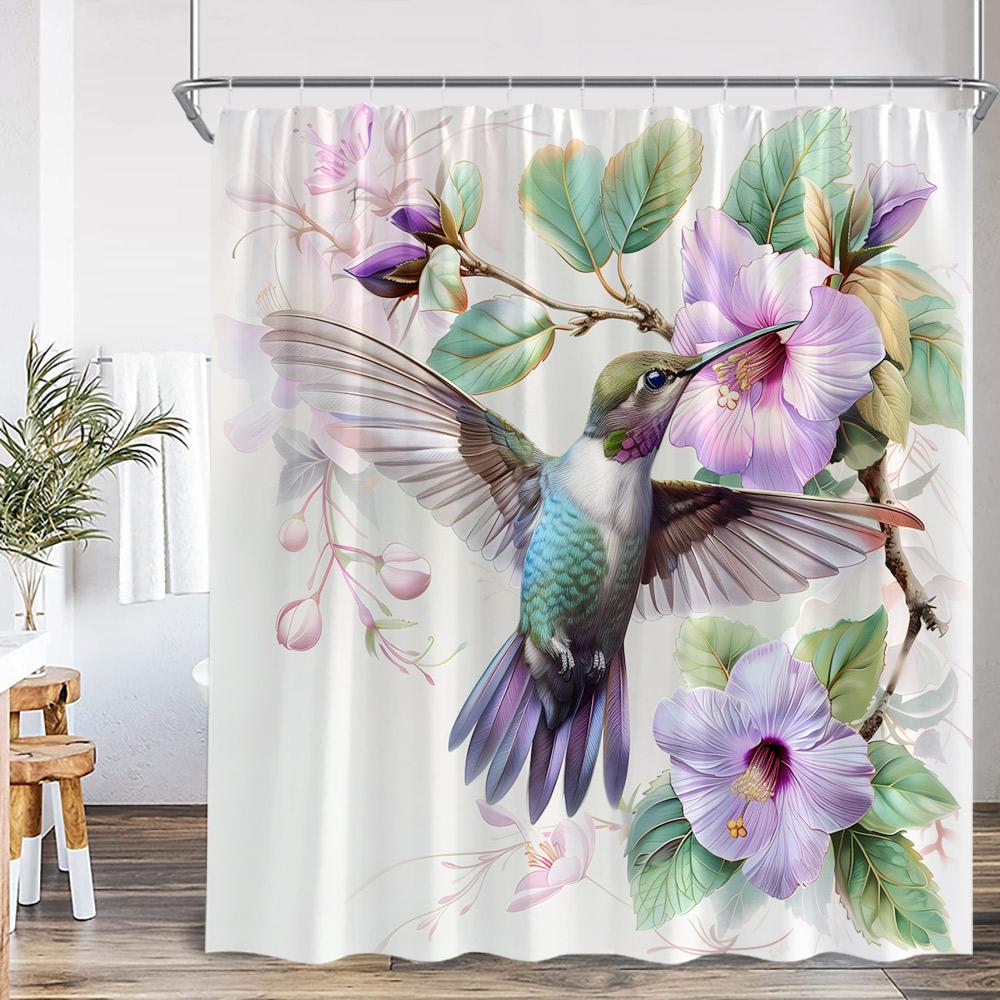 Hummingbird Shower Curtain Bird Animal Flower Floral Plant Classical Bathroom Decor Spring Polyester Bathtub Curtain With Hook