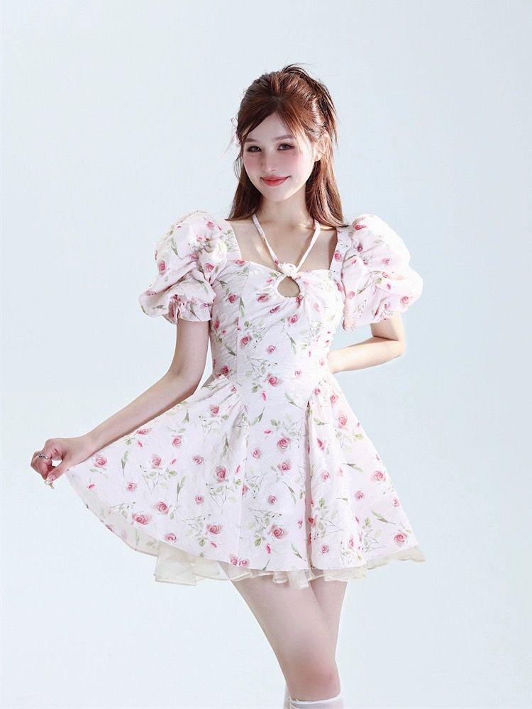 

Женское французское платье с цветочным принтом и пышными рукавами - Летнее платье принцессы с короткой юбкой L Jacquard Fabric