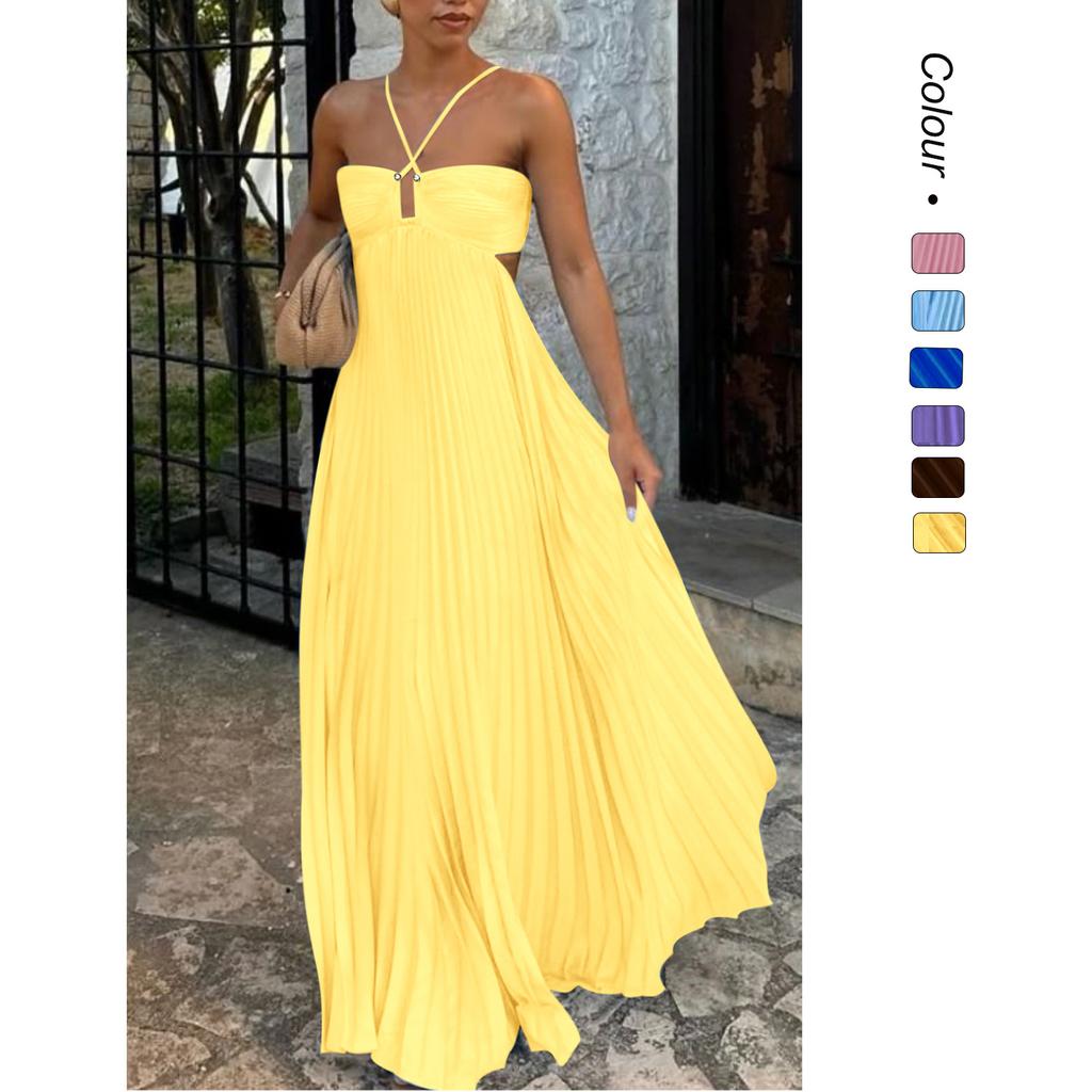 A New Summer Solid-color Strapless Pleated Sleeveless Halter Dress