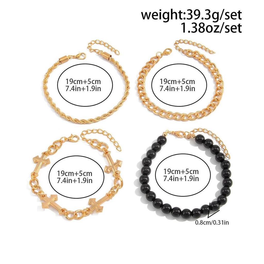 Ingemark 4Pcs/Set Punk Cross Beads Chain Bracelets for Men on Hand Hip Hop Adjustable Chain Bangles Couple Halloween Jewelry