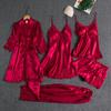 Pajamas women's summer ice silk sexy hot loungewear long-sleeved thin nightgown five-piece set bathrobe