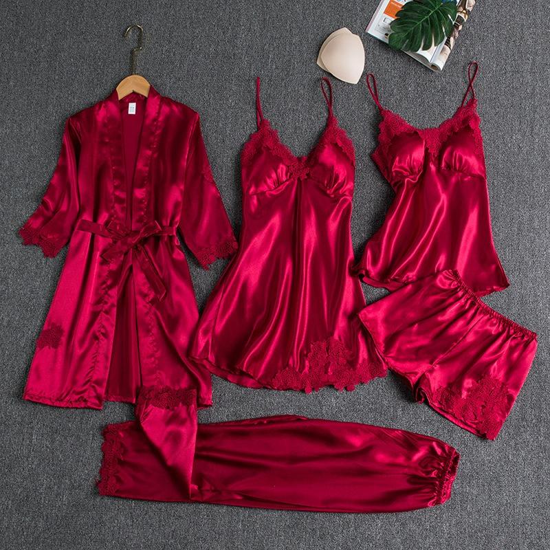 Pajamas women's summer ice silk sexy hot loungewear long-sleeved thin nightgown five-piece set bathrobe
