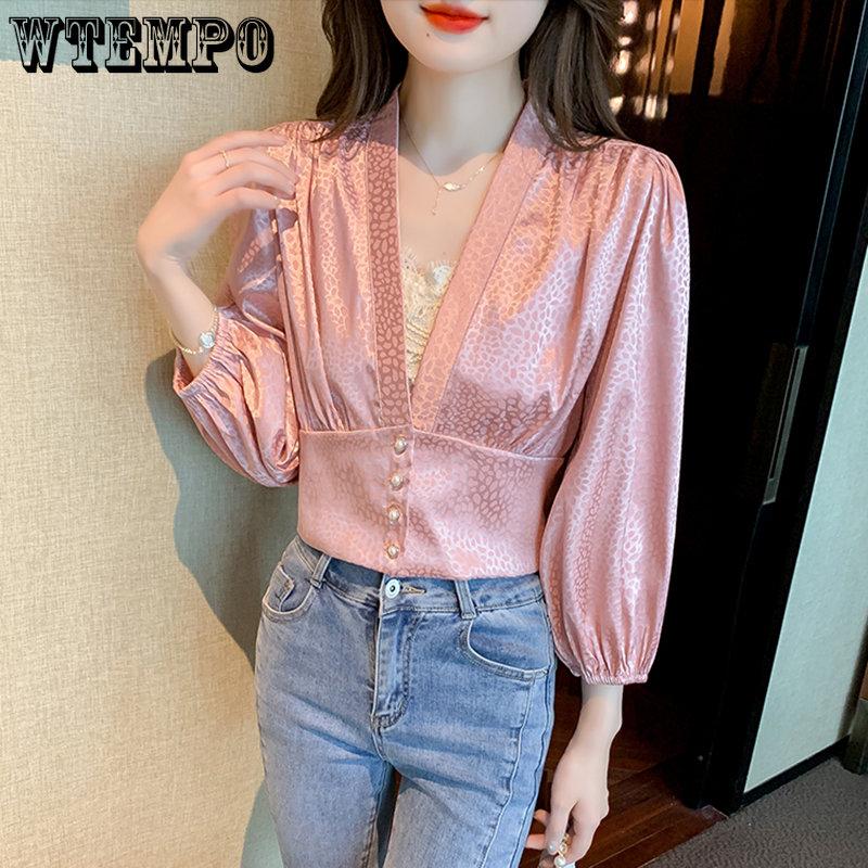 WTEMPO Long Sleeve Stain Blouses Women Korean Leopard Print Long Lantern Sleeve V-neck Shirts New Casual Cropped Tops