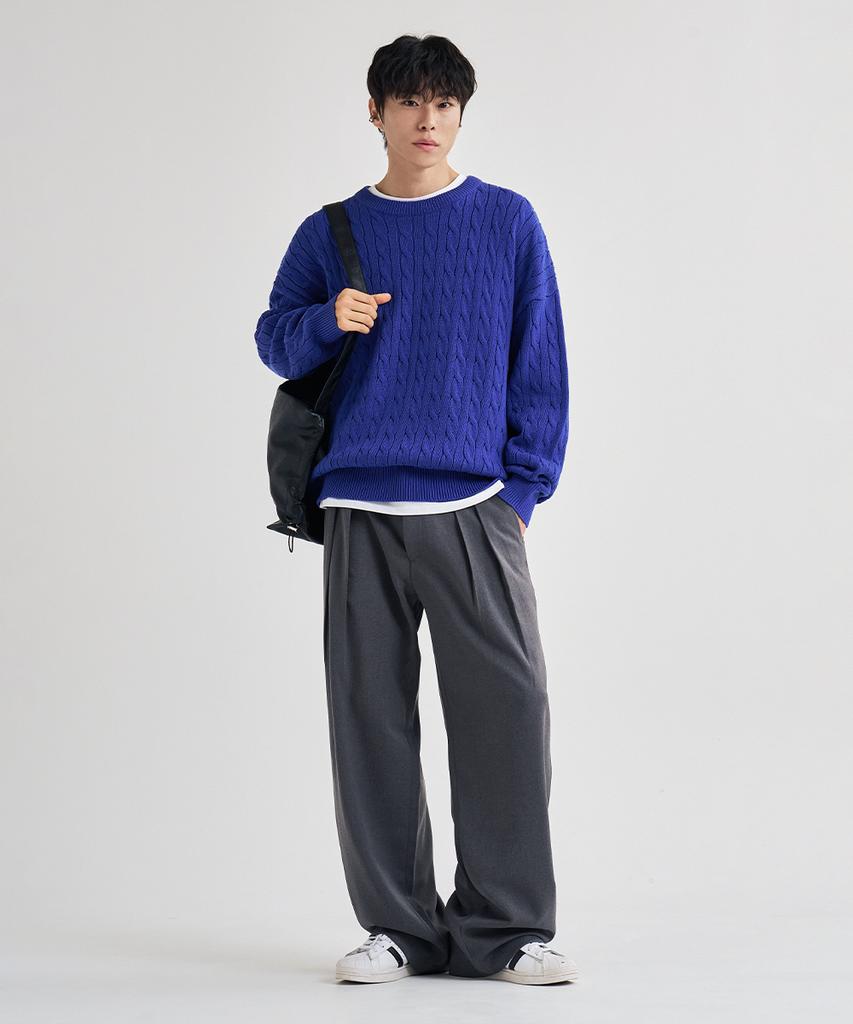 LEMAIN SECOND Oversized Voluminous Washable Crew Neck Cable Knit [Blue]