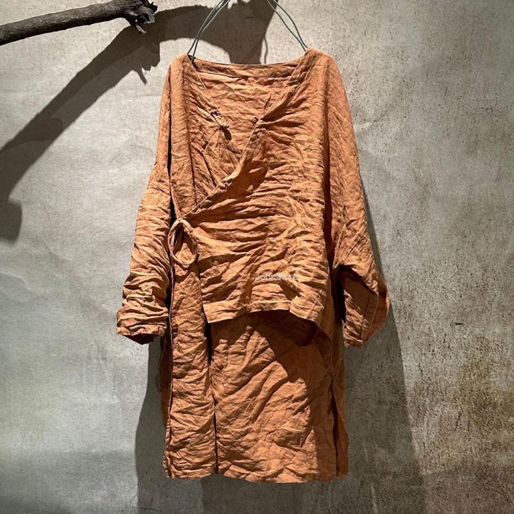 

Chinese Style Vintage Women Shirts Long Sleeve V Neck Solid Color Button Top Spring Blouse One Size оранжевый