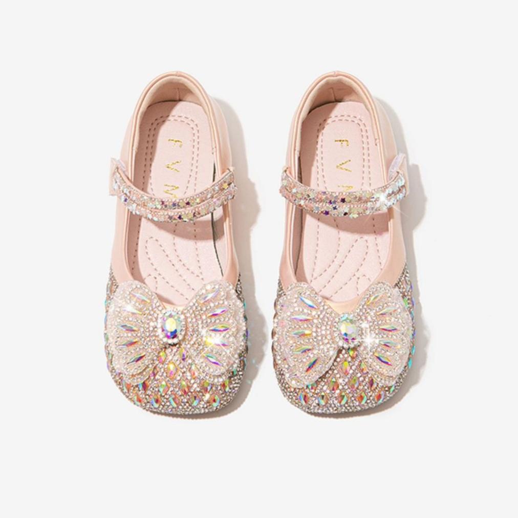 Girls' Shiny Princess Shoes with Bow Rhinestones Small Leather Shoes Fashionable Soft-soled Crystal Shoes