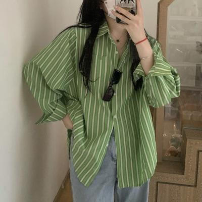 Chemises à rayures verticales pour femmes à la mode, chemise ample à manches longues avec poche, décoration de boutons coréens, haut fin pour dame