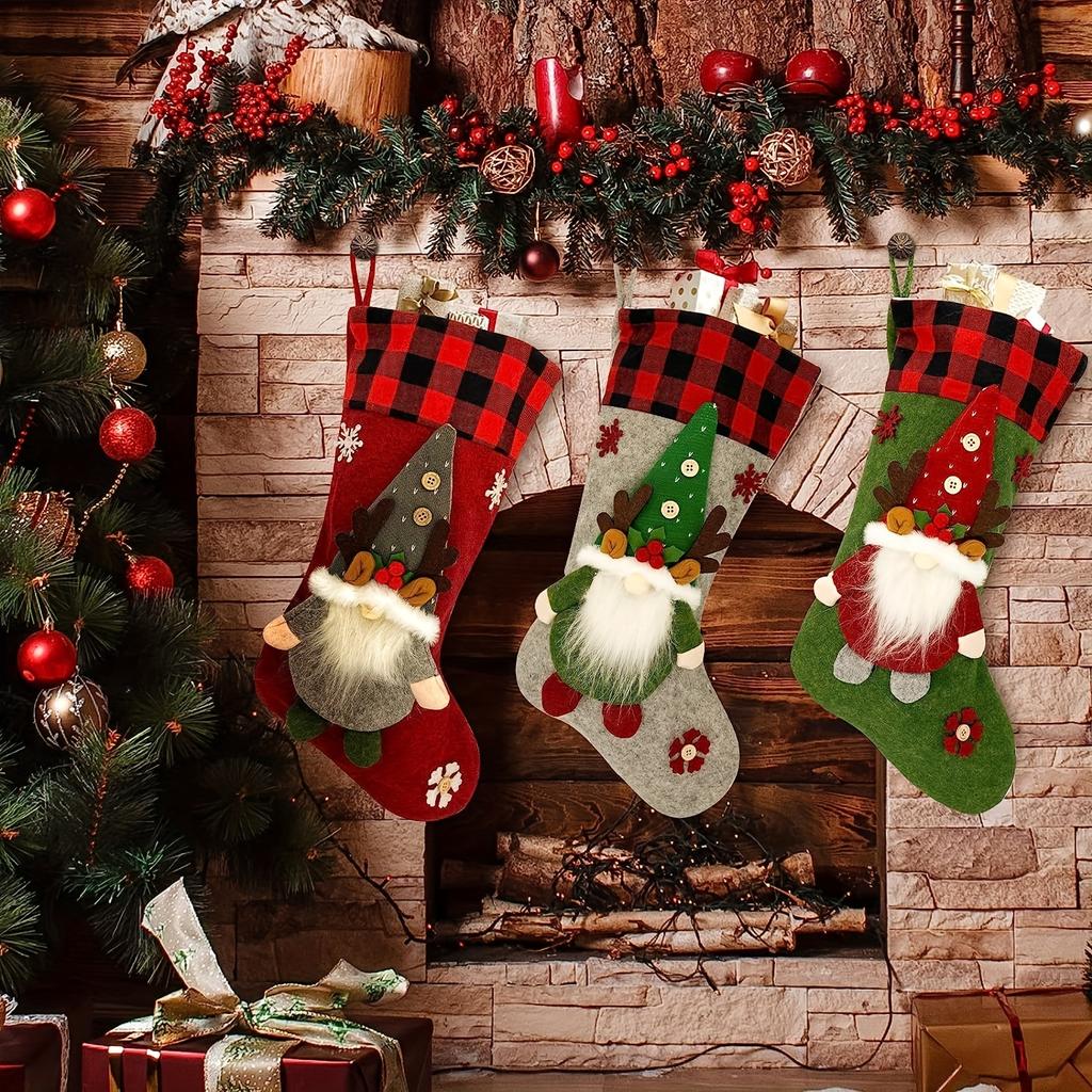 Christmas Socks Youngsters's Large Christmas Socks with Santa Claus, Reindeer, Dwarf, Buffalo Plaid Long Socks Suitable for Christmas Party Decoration