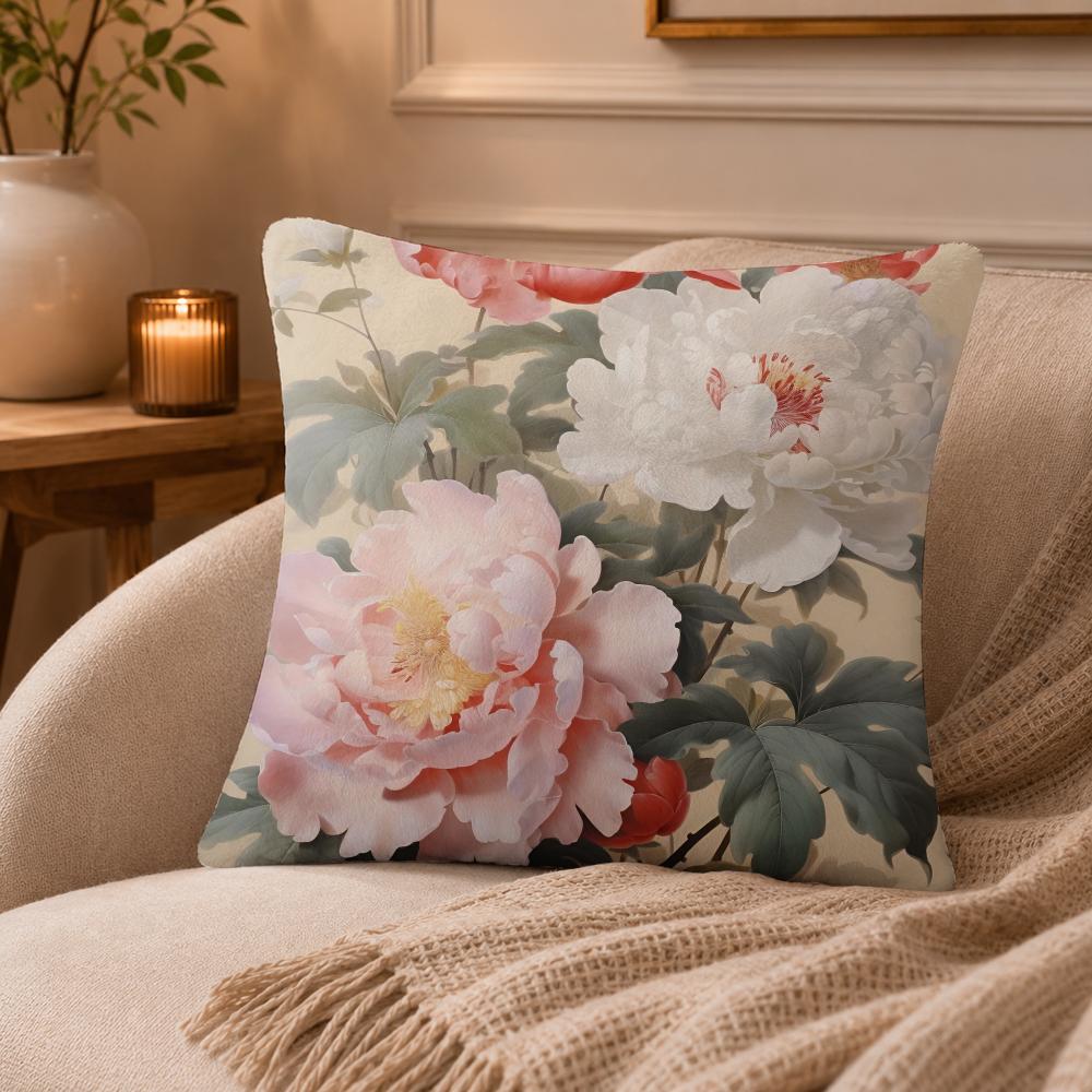 Peony Cushion Cover Anti-dustmite Pillowcase Invisible Zipper Silky Short Plush Sofa Cushion Cover
