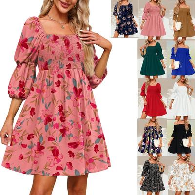 Rochii de damă Gât pătrat cu mâneci bufante piept smocked cu umăr dezactivat Babydoll 3/4 mânecă lanternă rochie cu talie înaltă