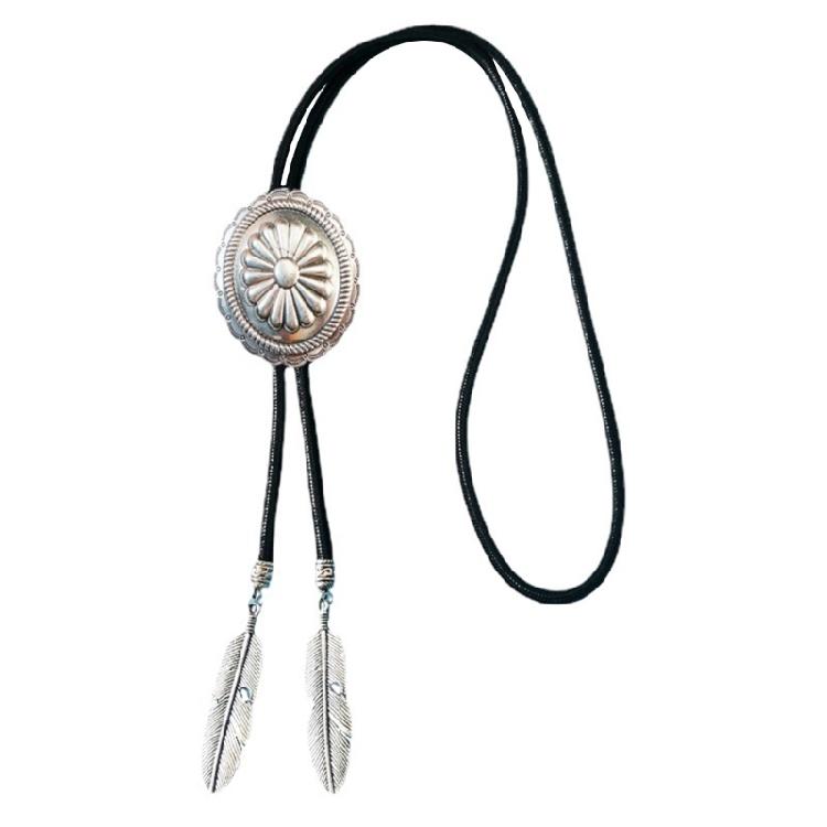 Western Cowboy Vintage Metal Flower Bolo Tie Adjustable Braided Rope Necktie Feathered Pendant Charm Jewelry Necklace
