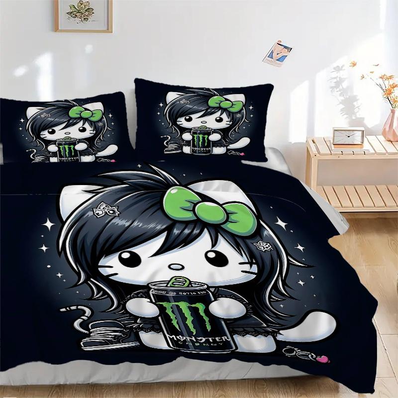 

3pcs Darkly Romantic Floral Hello Kitty Pattern Bedding Set, 1* Cover + 2*Pillowcases, Printed Bedding Set, Soft and Comfortable, Suitable f 135x200cm