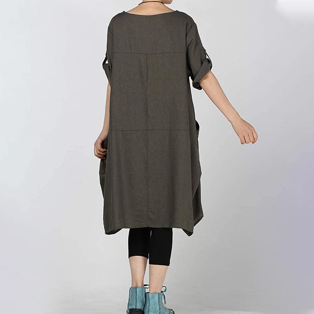 Women's Fat MM Linen Plus Size Lantern Skirt Round Neck Waist Dress