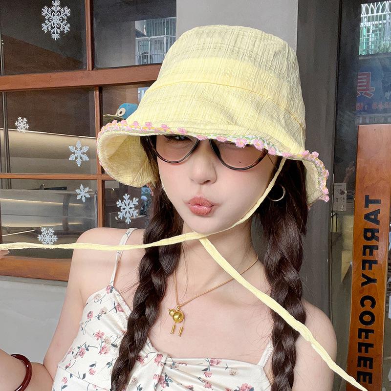 Sweet Floral Edge Bucket Hat Women's Summer Big Brim Showing Washbasin Hat Fashionable Versatile Sunshade Sunscreen Basin Hat
