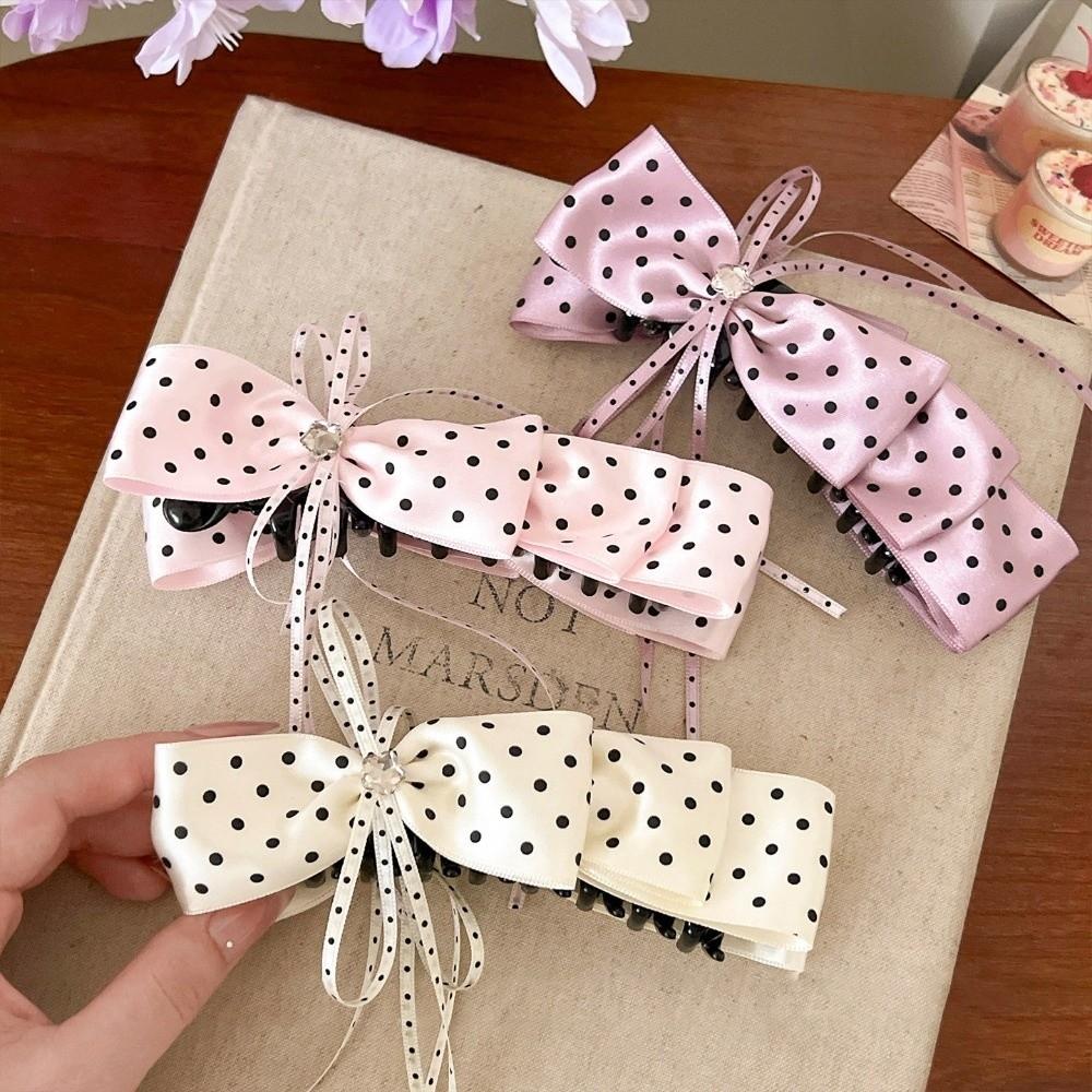 Satin Bow Hair Claw Rhinestone Polka Dot Headpiece Sweety PonyTail Claw Clip  Women/Girls