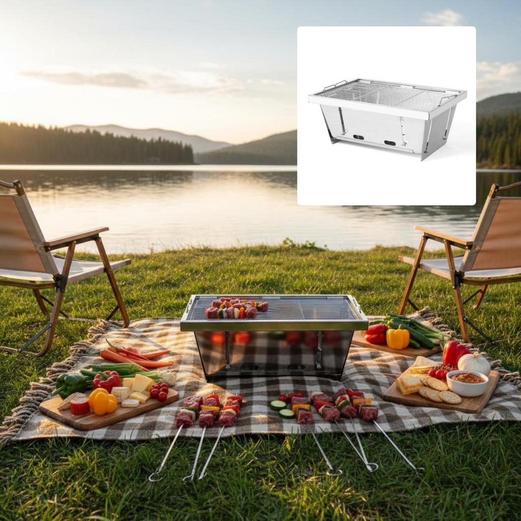 Folding Coal Grill Compact Stainless Steel Easy To Set Up for Outdoor Meal