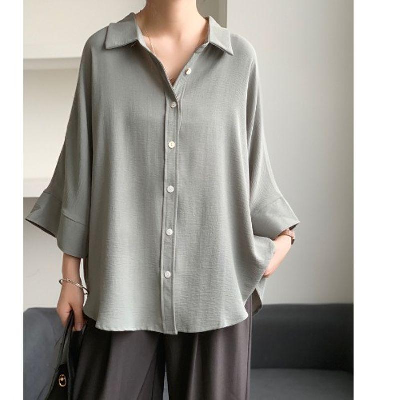 

Летняя новая мода в корейском стиле, приталенная повседневная рубашка с отложным воротником на одной пуговице, темно-синяя, для работы Gray One size