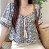 Vintage Ethnic Style Lace-up Square Collar Floral Shirts Women Summer New Loose Puff Sleeve Blouse Woman Elegant Fashion Slim Fit Ladies Shirt 26130