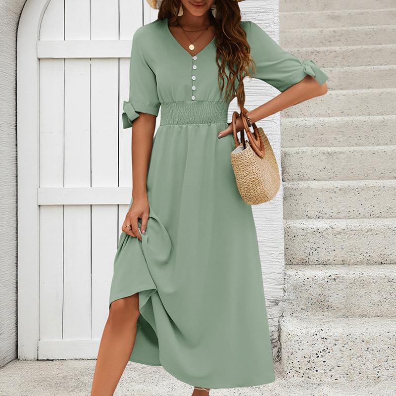 New European and American Summer Casual Button-down V-neck Solid Color Dress