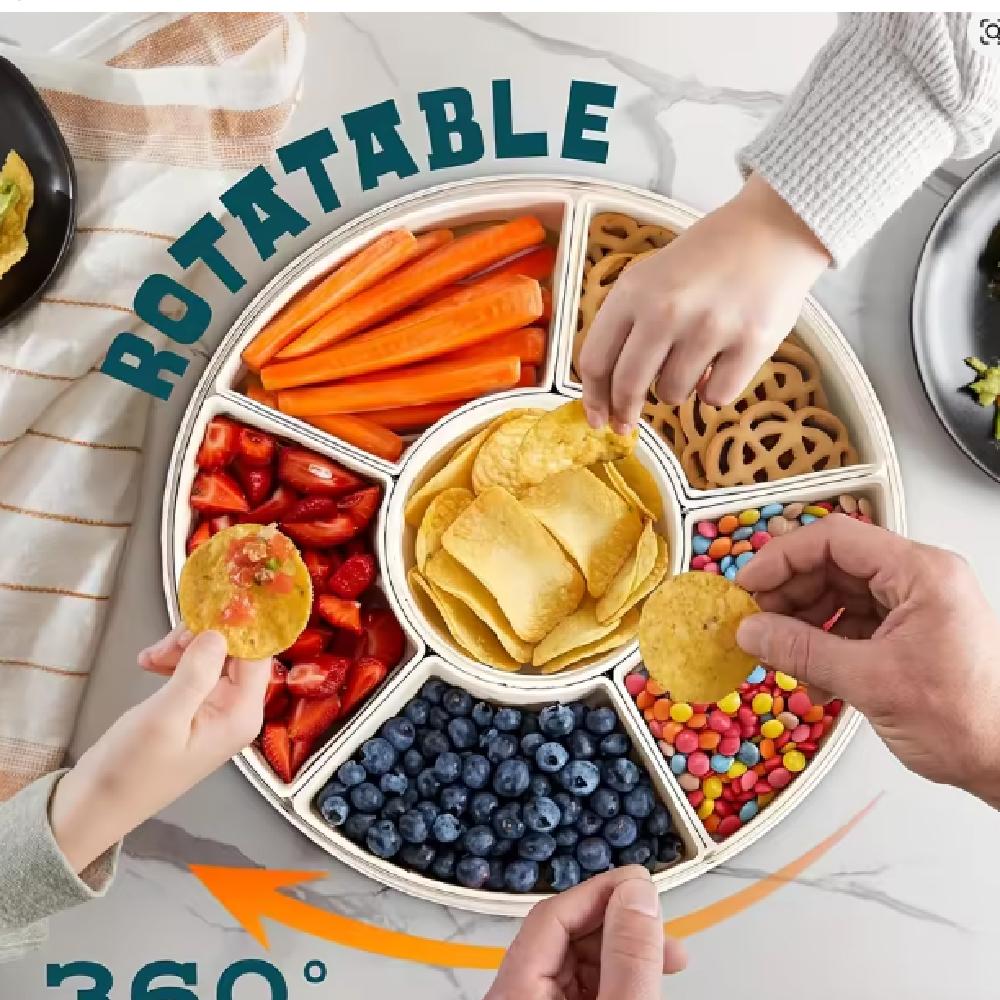 Divided Rotating Serving Tray with Lid and Handle Portable Snackle Box for Fruits Snacks Veggie Charcuterie Clear Snack Spinne