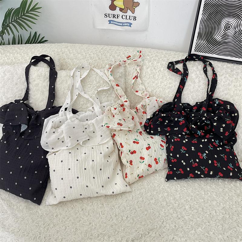 Cherry Ruffled Shoulder Bag For Women Floral Style Handbag Large Capacity Casual Shopper Tote Bags