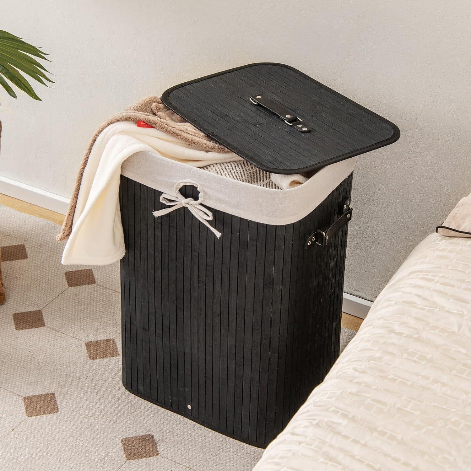 Bamboo Laundry Basket: Dustproof, Foldable, Large Capacity with Lid for Home чёрный