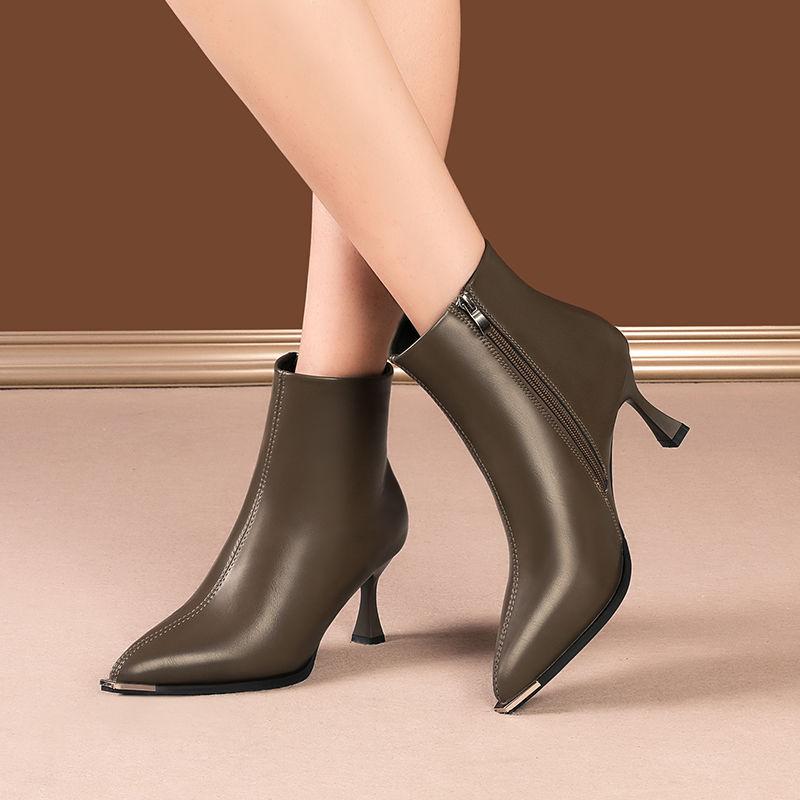 Heeled Leather Pointed Toe Woman Short Shoes Autumn Winter Waterproof Warm Ankle Boots For Women New Trend  Booties Sale
