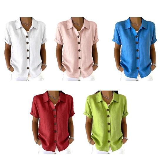 Women Tops Lapel Short Sleeve Buttons Placket Shirt Tops Pure Color Loose Fit Casual Style Shirt Home Dates Versatile Wear