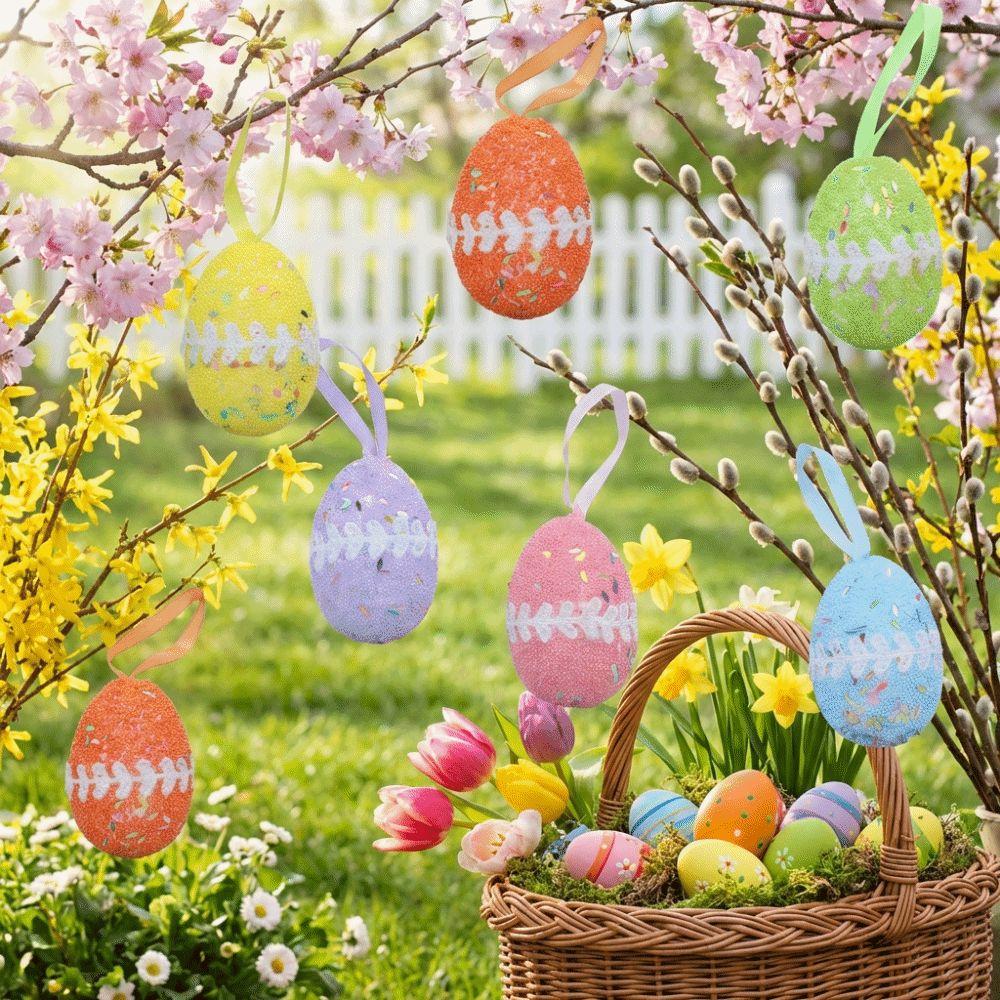 6Pcs Glitter Fake Easter Eggs DIY Craft Eggs Hanging Ornaments  Kids Favor Gift